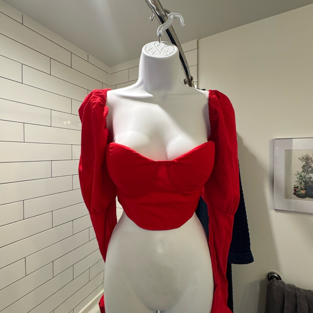 Bustier Style Red Long Sleeve Crop Top